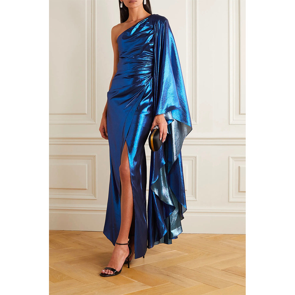 One-sleeve draped silk-blend lamé gown – SemSem