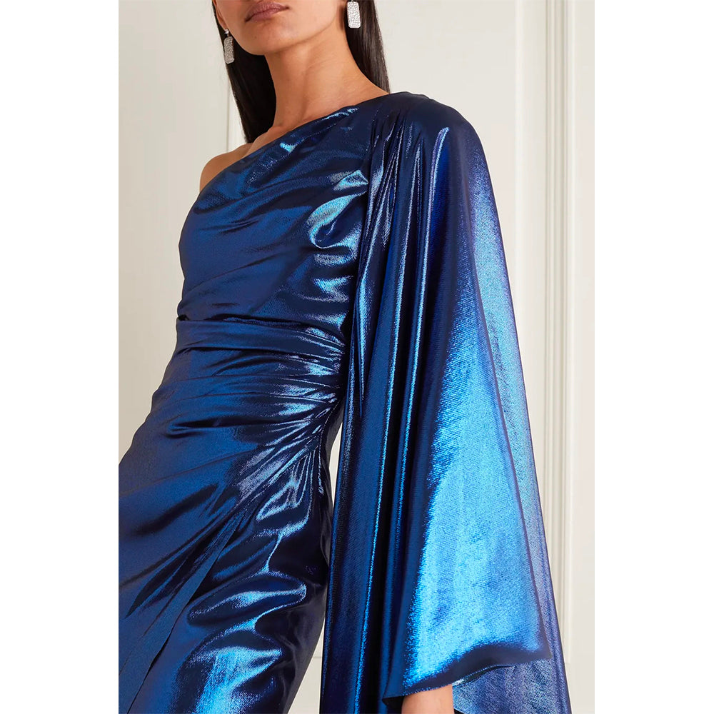 One-sleeve draped silk-blend lamé gown – SemSem