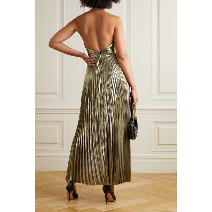 Draped silk-blend plissé-lamé gown – SemSem