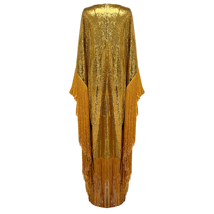 SemSem Gold Metallic Sequin Kaftan with Fringe.