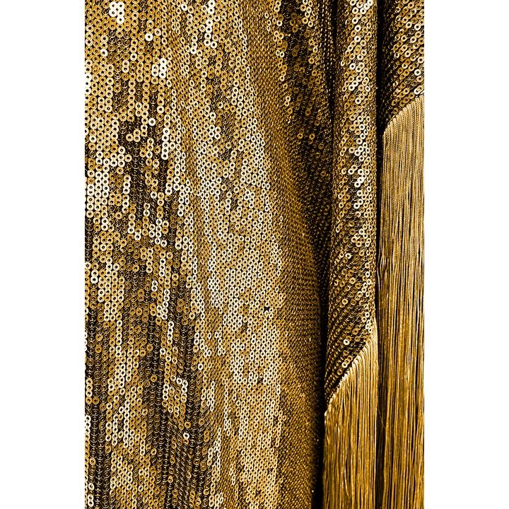 Detail of SemSem Gold Metallic Sequin Kaftan with Fringe.