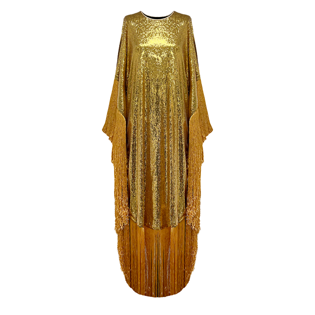 SemSem Gold Metallic Sequin Kaftan with Fringe.