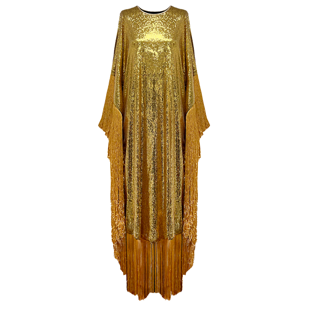 SemSem Gold Metallic Sequin Kaftan with Fringe.