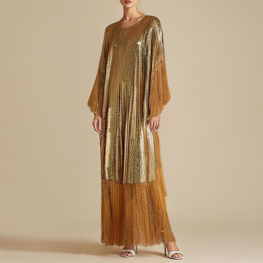 Model Wearing SemSem Gold Metallic Sequin Kaftan with Fringe.