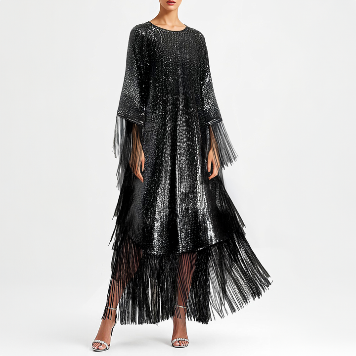 Model Wearing SemSem Gunmetal Metallic Sequin Kaftan. 