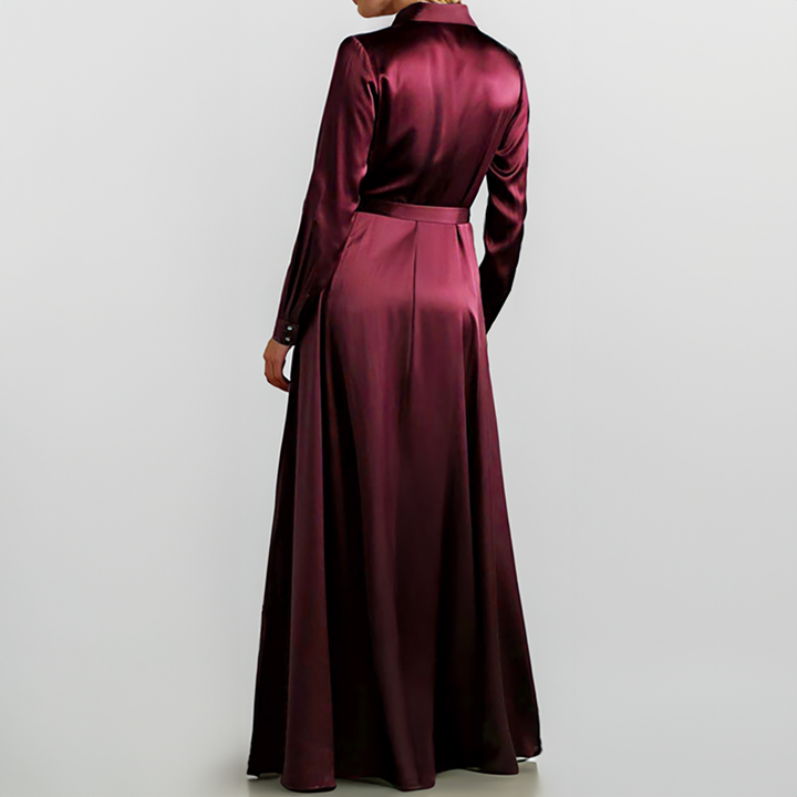 Model Wearing SemSem Burgundy Silk Shirt Dress.