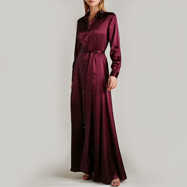 Model Wearing SemSem Burgundy Silk Shirt Dress.