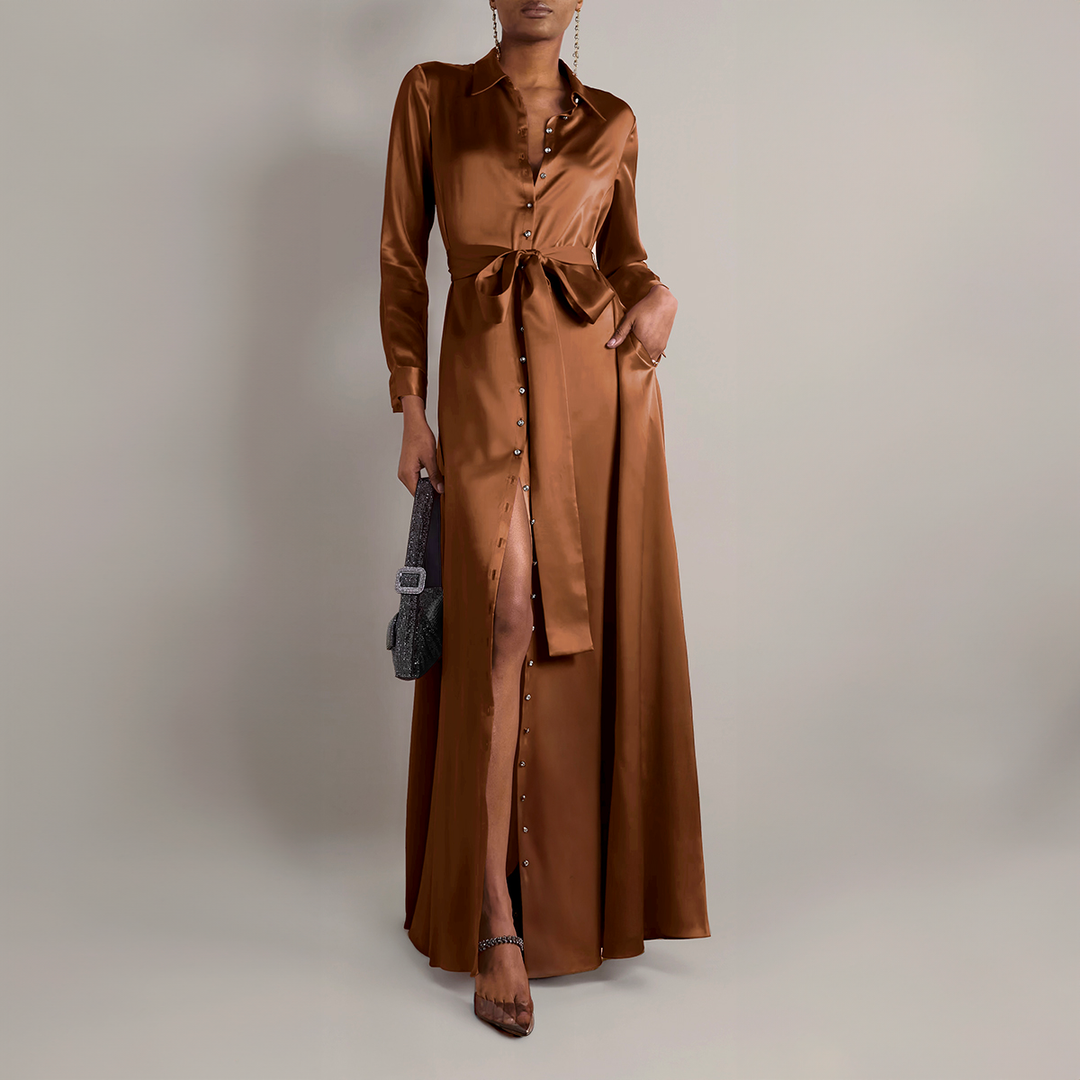 Model Wearing SemSem Camel Silk Shirt Dress.