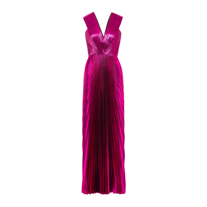 SemSem Pink Pleated Metallic Lamé Gown.