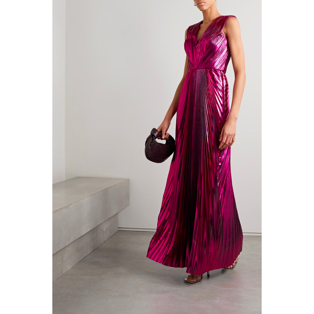 Model Wearing SemSem Pink Pleated Metallic Lamé Gown.