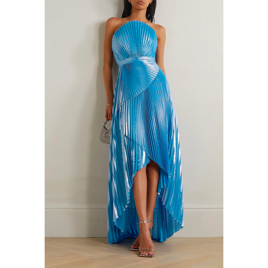 Model Wearing SemSem Capri Draped Plissé-Lamé Gown.