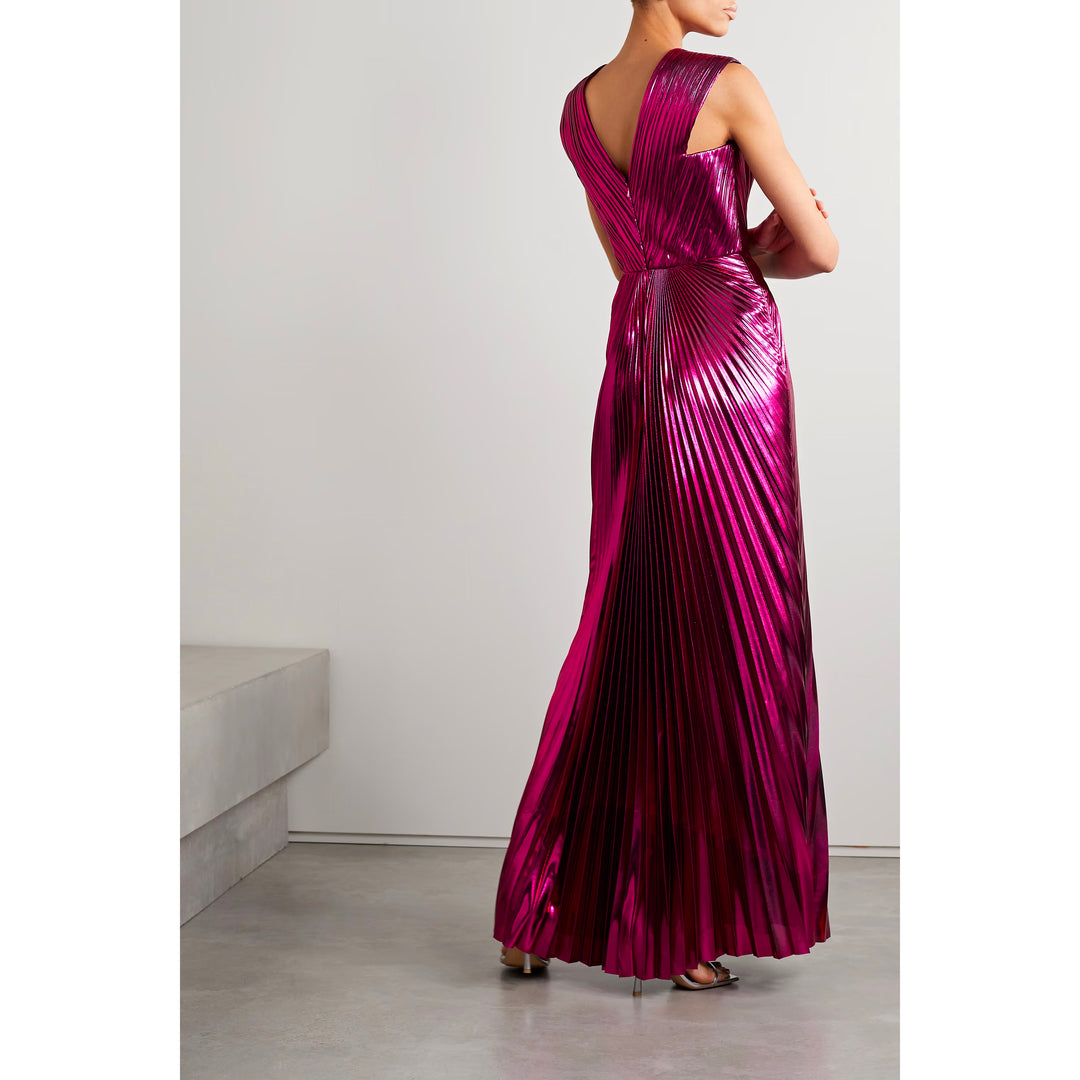 Model Wearing SemSem Pink Pleated Metallic Lamé Gown.