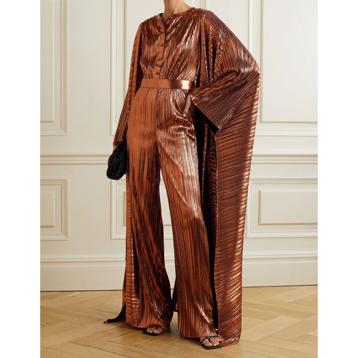 Model Wearing SemSem Bronze Belted Plissé Jumpsuit.