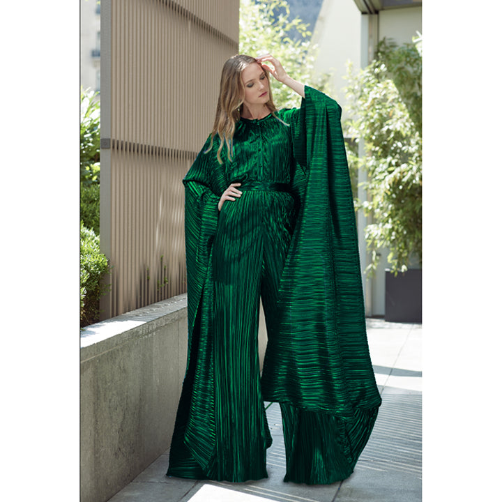 Model Wearing SemSem Emerald Belted Plissé Jumpsuit.