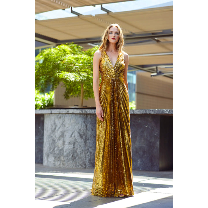 Model Wearing SemSem Gold Sequin Sunray Gown.