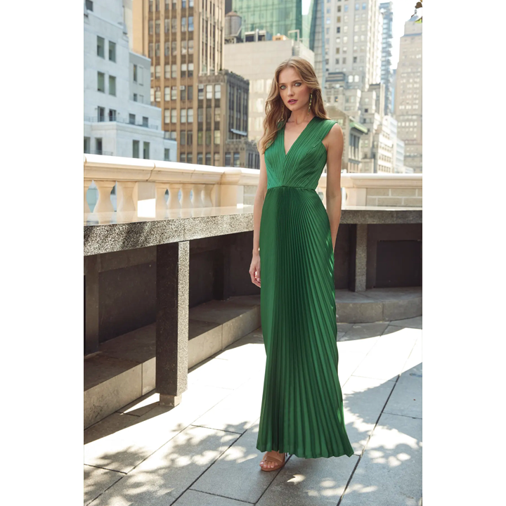 Model Wearing SemSem Green Charmeuse Sunray Dress.