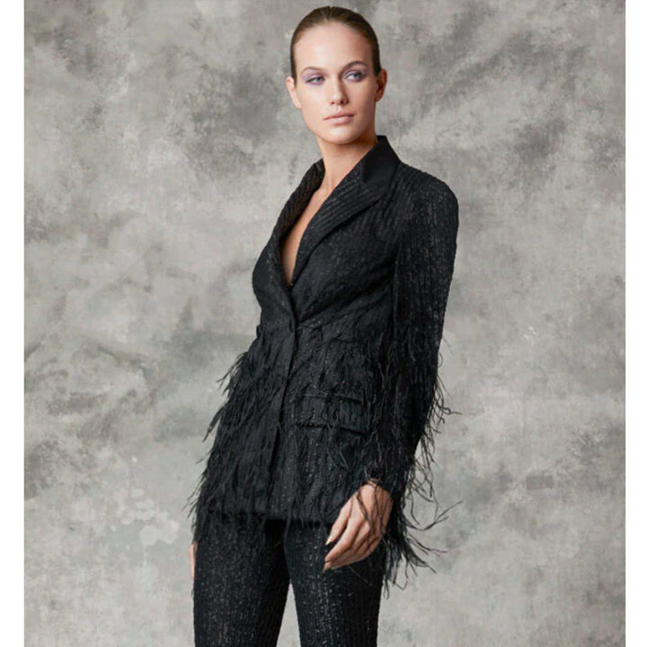 Model Wears Black Sequin Feather Jacket.