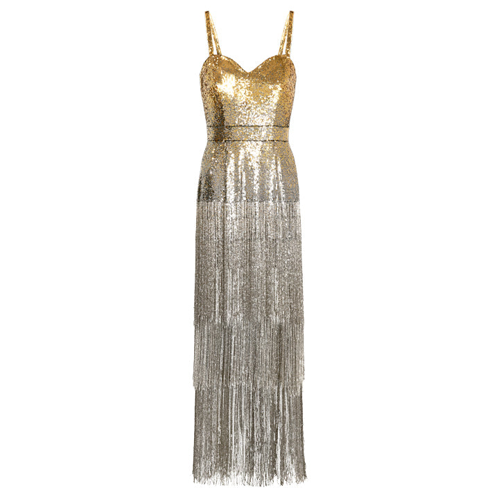 SemSem Ombré Sequin Bustier Dress with Beaded Fringe.