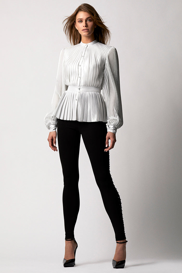 Pleated Metallic Blouse with Crystal Buttons