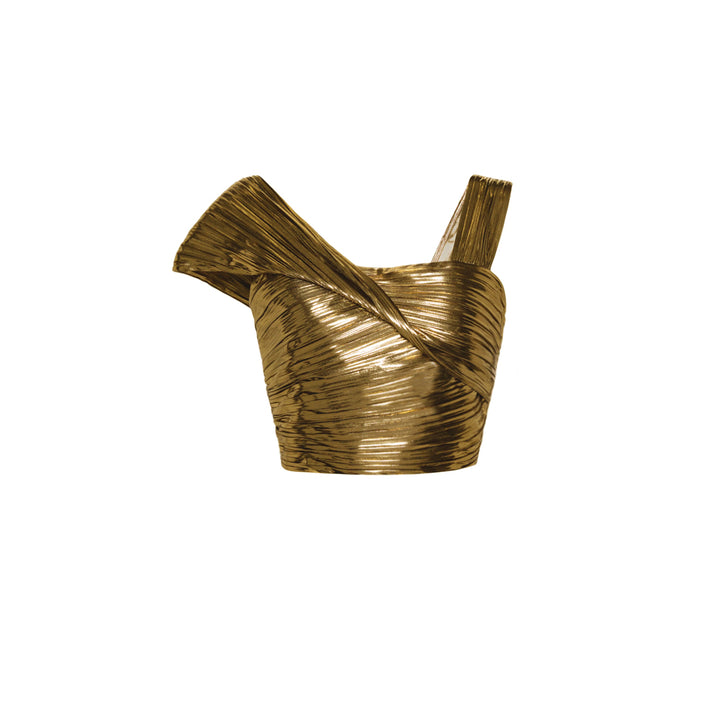 SemSem Draped Metallic Plissé Lamé Top.