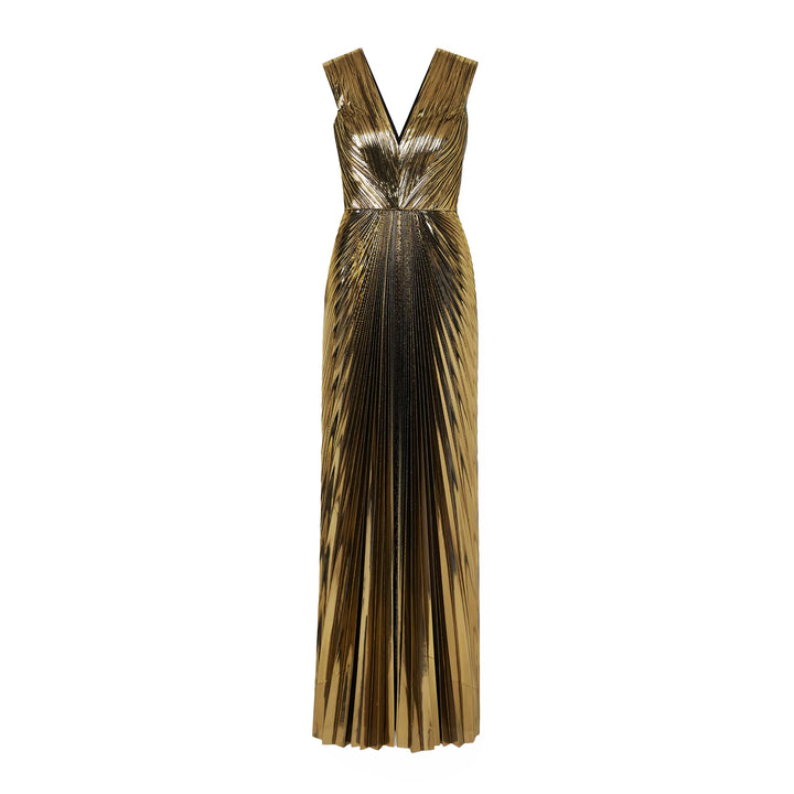 SemSem Gold Pleated Metallic Lamé Gown.