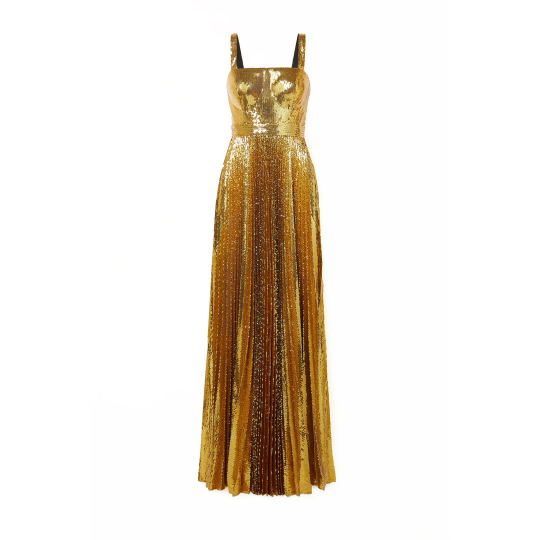 SemSem Pleated Gold Sequin Tulle Gown.