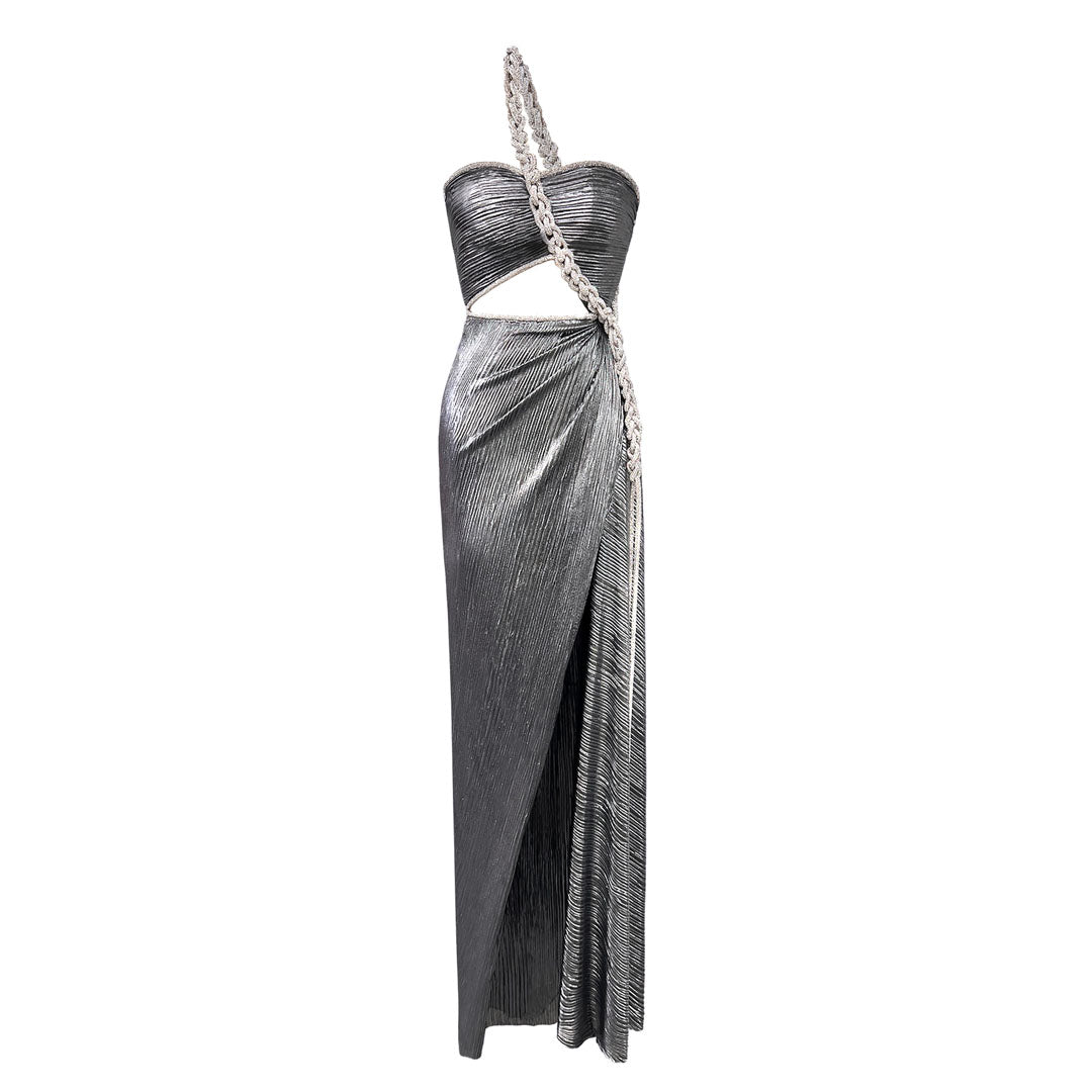 SemSem Silver Plissé Dress with Crystal Rope.