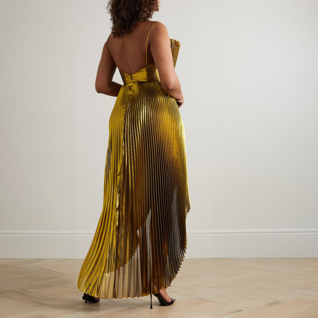 Model Wearing SemSem Draped silk-blend plissé-lamé gown.