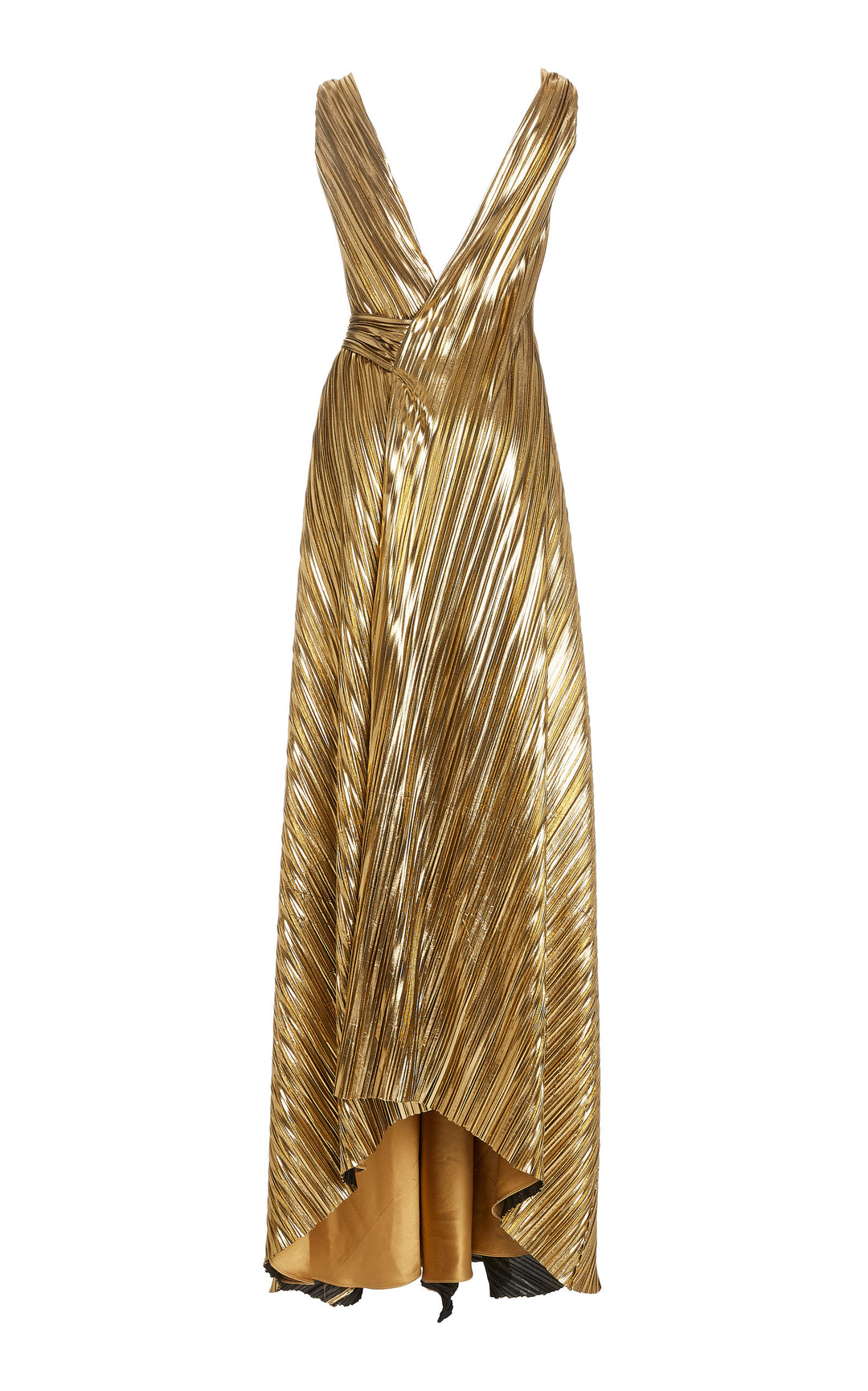 One-Sleeve Plissé Silk-Blend Lamé Wrap Gown