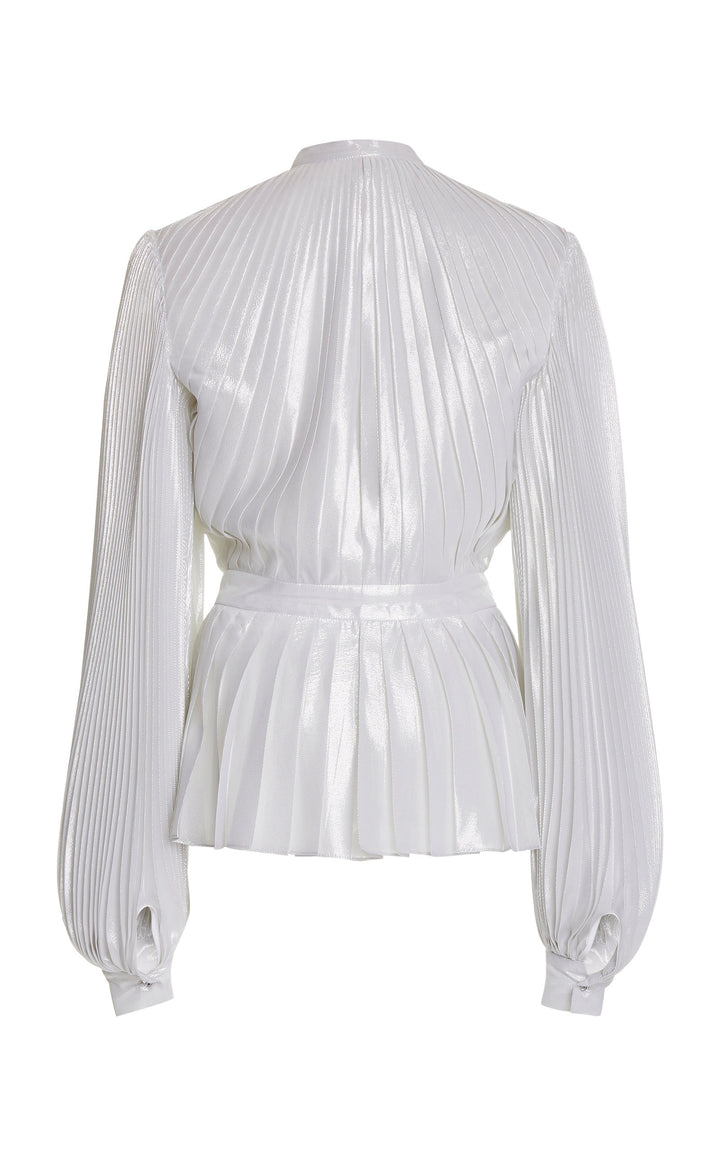 Pleated Metallic Blouse with Crystal Buttons