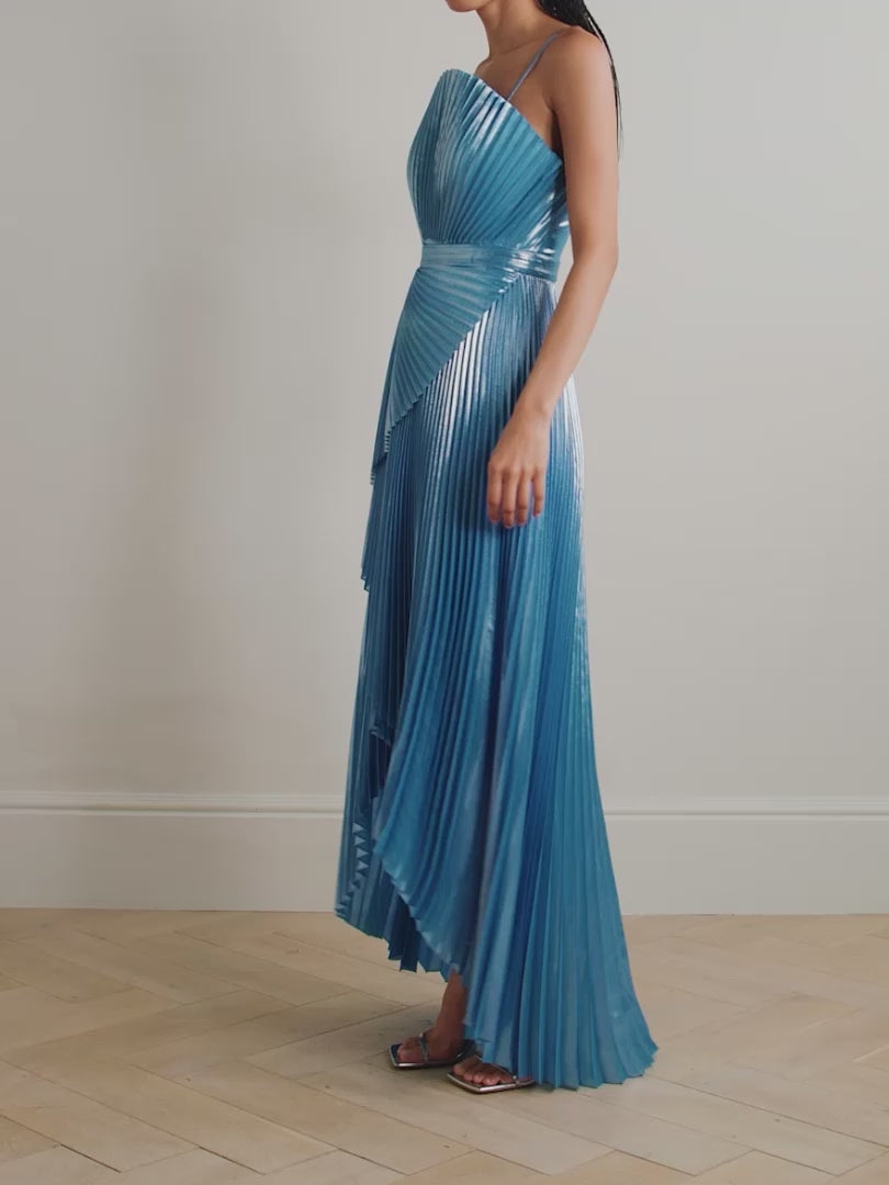 Model Wearing SemSem Capri Draped Plissé-Lamé Gown.