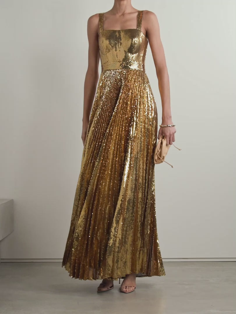 Model Wearing SemSem Pleated Gold Sequin Tulle Gown.