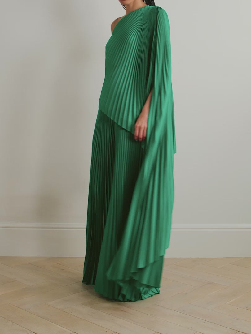 Model wears SemSem Plissé-satin wide-leg pants.