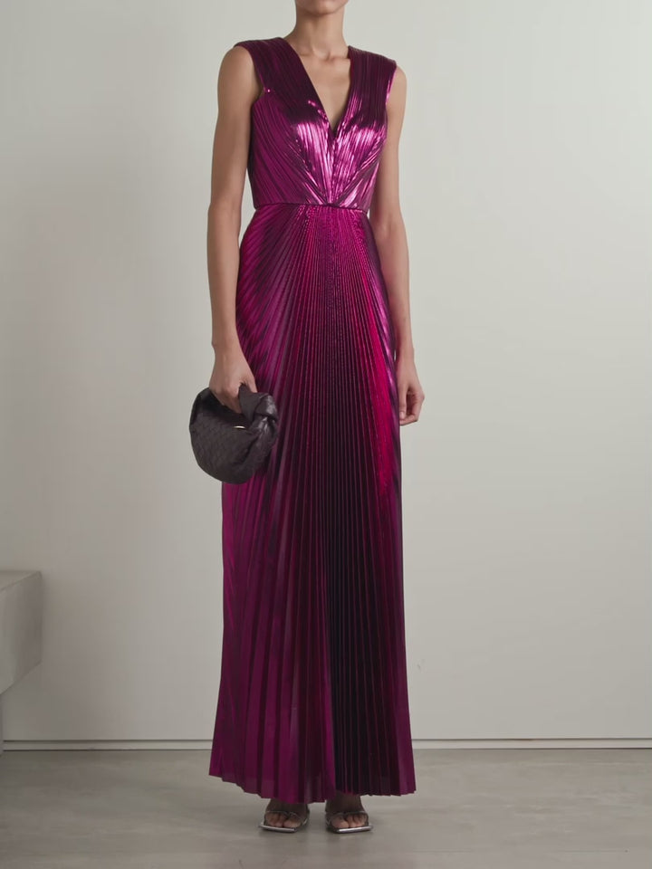 Model Wearing SemSem Pink Pleated Metallic Lamé Gown.