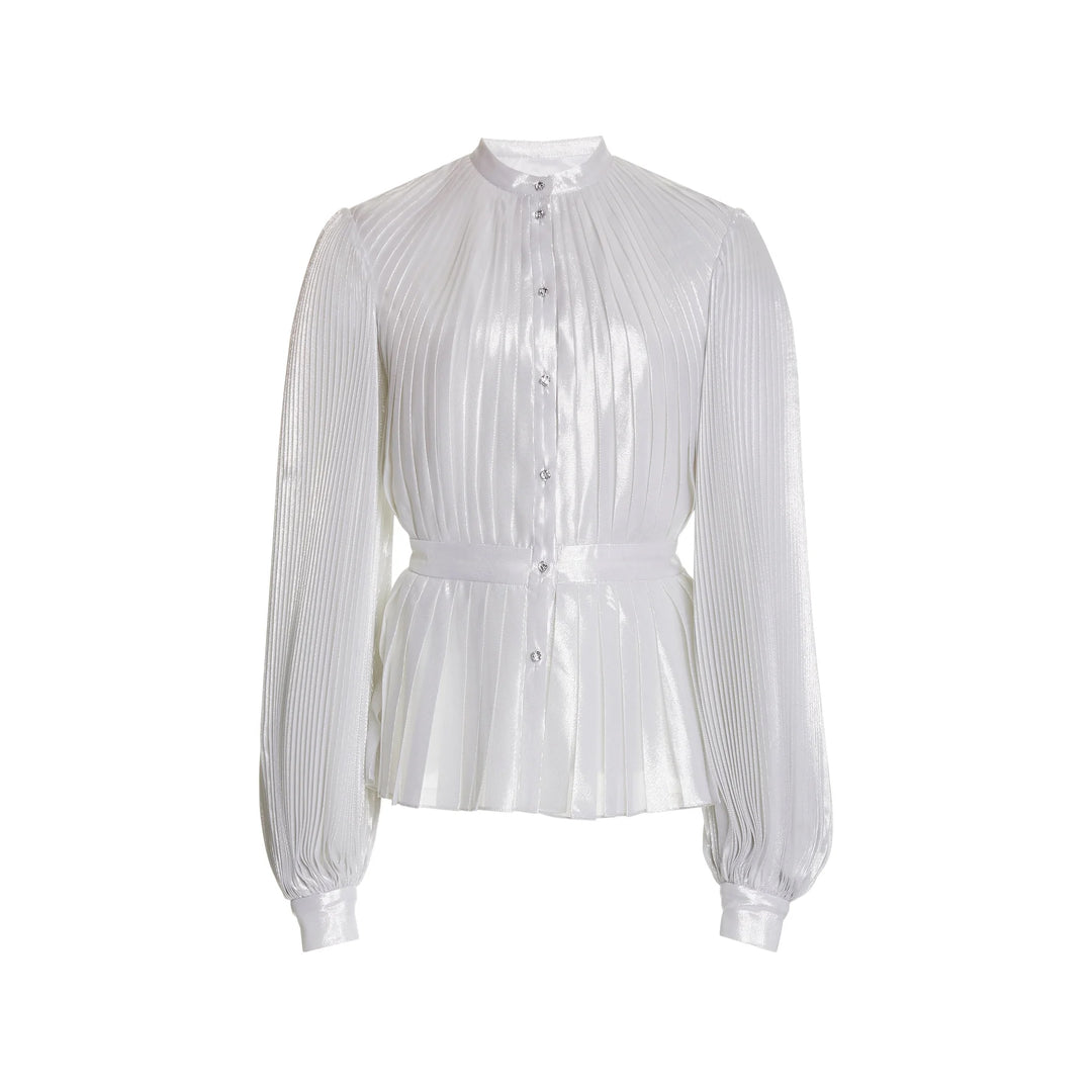 Pleated Metallic Blouse with Crystal Buttons