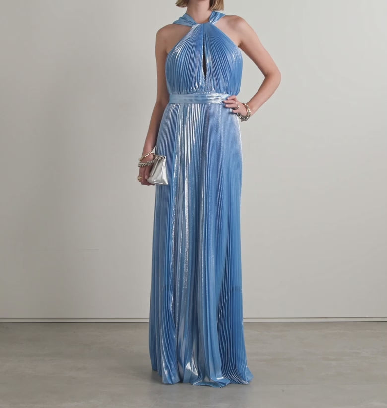 Model Wearing SemSem Sky Blue Metallic Halter Gown.