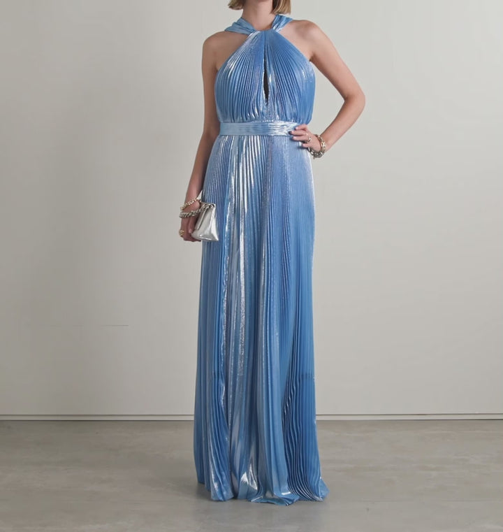 Model Wearing SemSem Sky Blue Metallic Halter Gown.