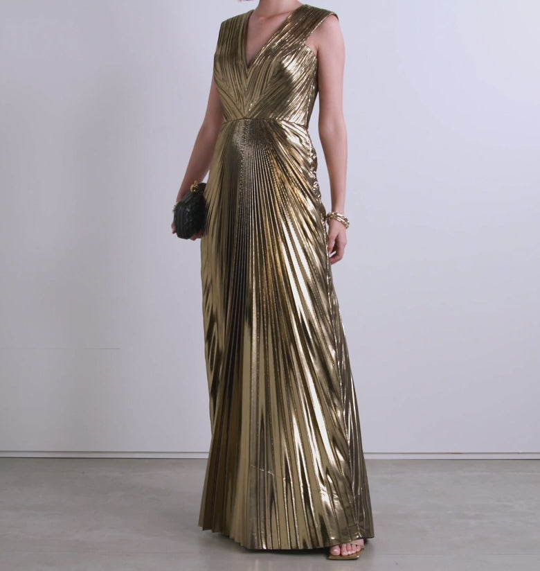 Model Wearing SemSem Gold Pleated Metallic Lamé Gown.