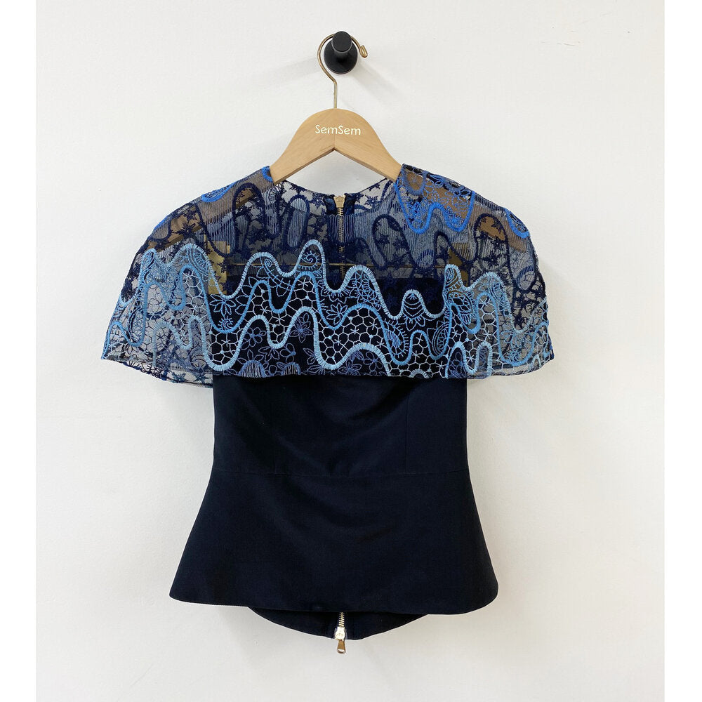 Black Crepe Top w/ Blue Lace Cape