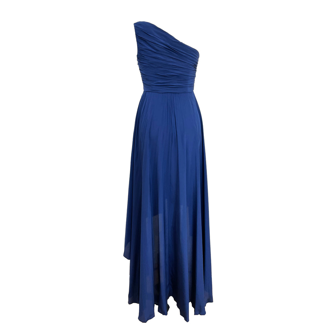 One Shoulder Asymmetric Pleated Solid Silk Gown