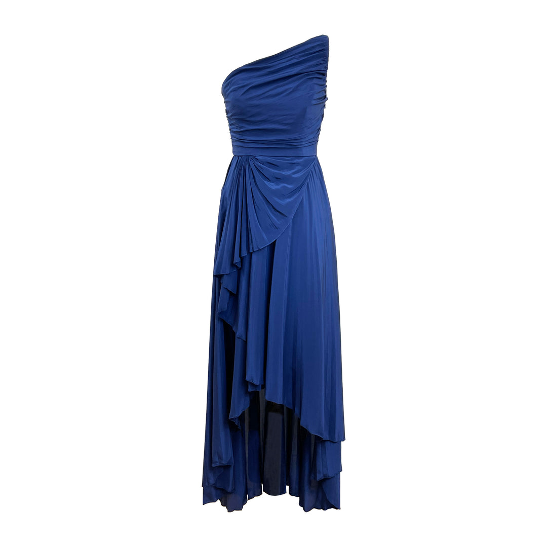 One Shoulder Asymmetric Pleated Solid Silk Gown