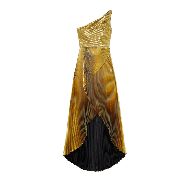 SemSem One Shoulder Pleated Gold Lamé Gown.