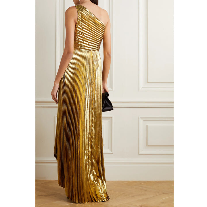 Model Wearing SemSem One Shoulder Pleated Gold Lamé Gown.