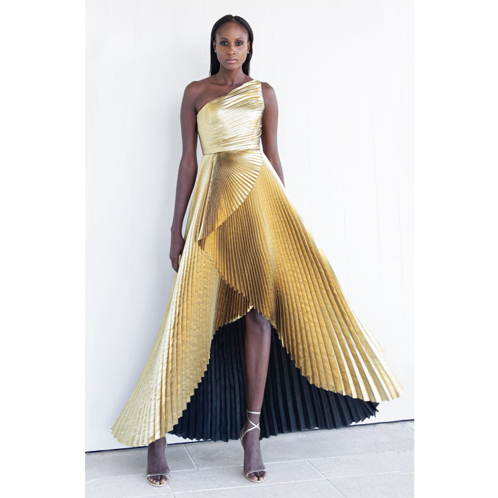 Model Wearing SemSem One Shoulder Pleated Gold Lamé Gown.