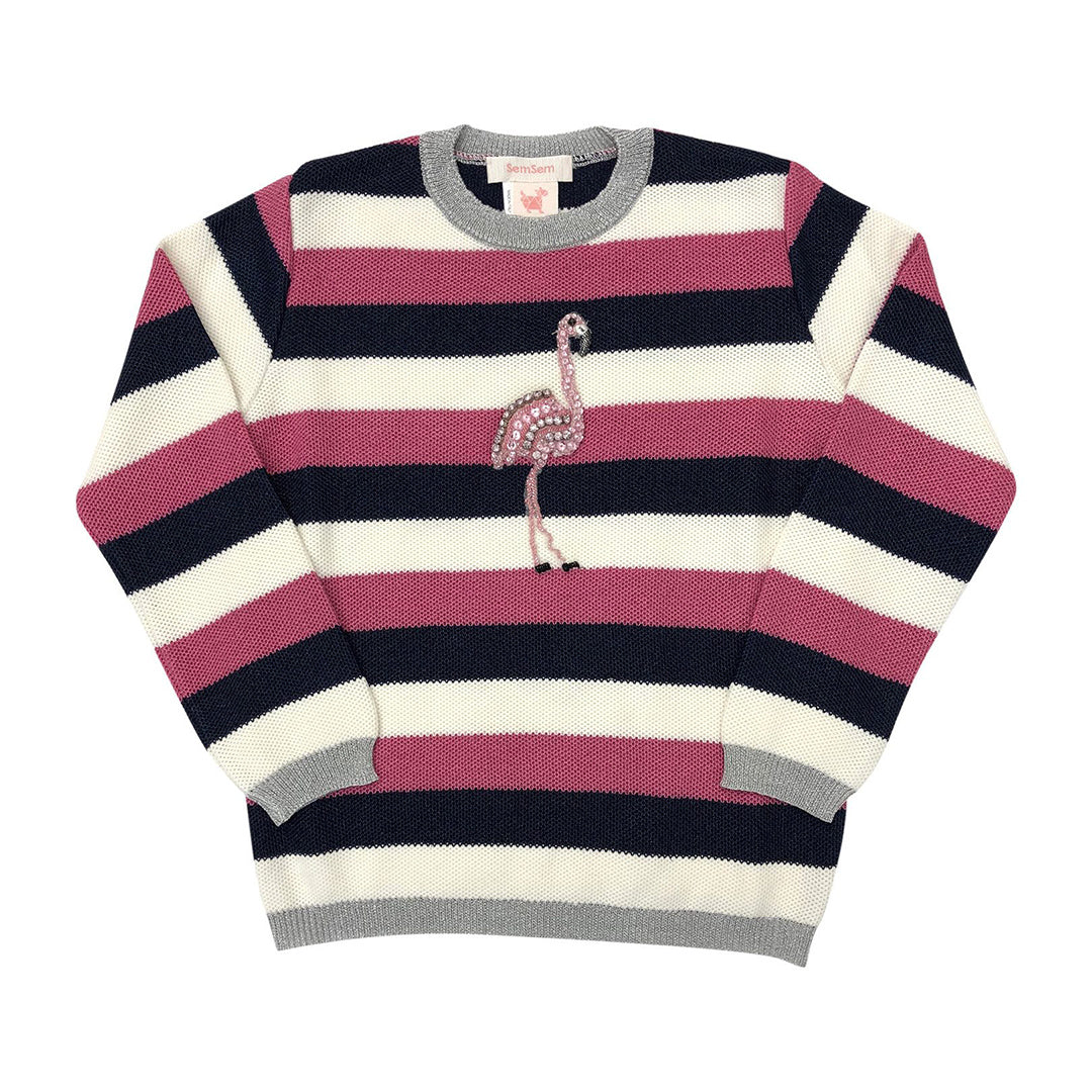 Girls Flamingo Embroidered Stripe Pull Over Top