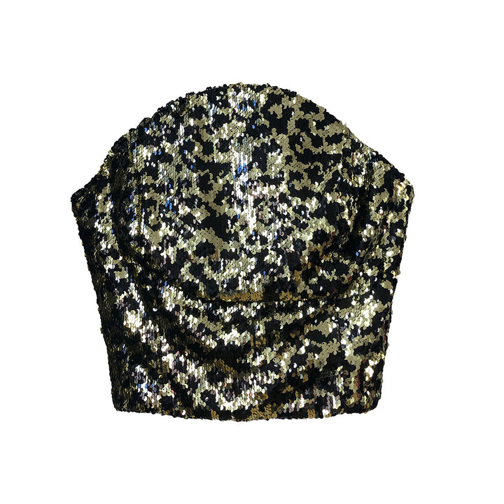 Gold Sequined Leopard Print Bustier Top