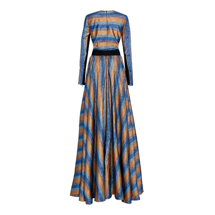 Striped Metallic Long Sleeve Gown