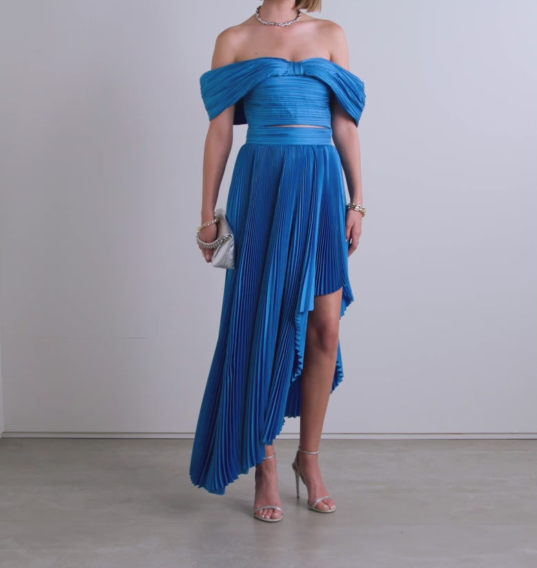 Model Wearing SemSem Draped Asymmetric Plissé Silk-Charmeuse Maxi Skirt.