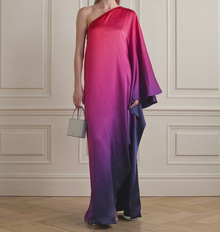 Model Wearing SemSem One-Shoulder Ombré Silk-Charmeuse Kaftan.