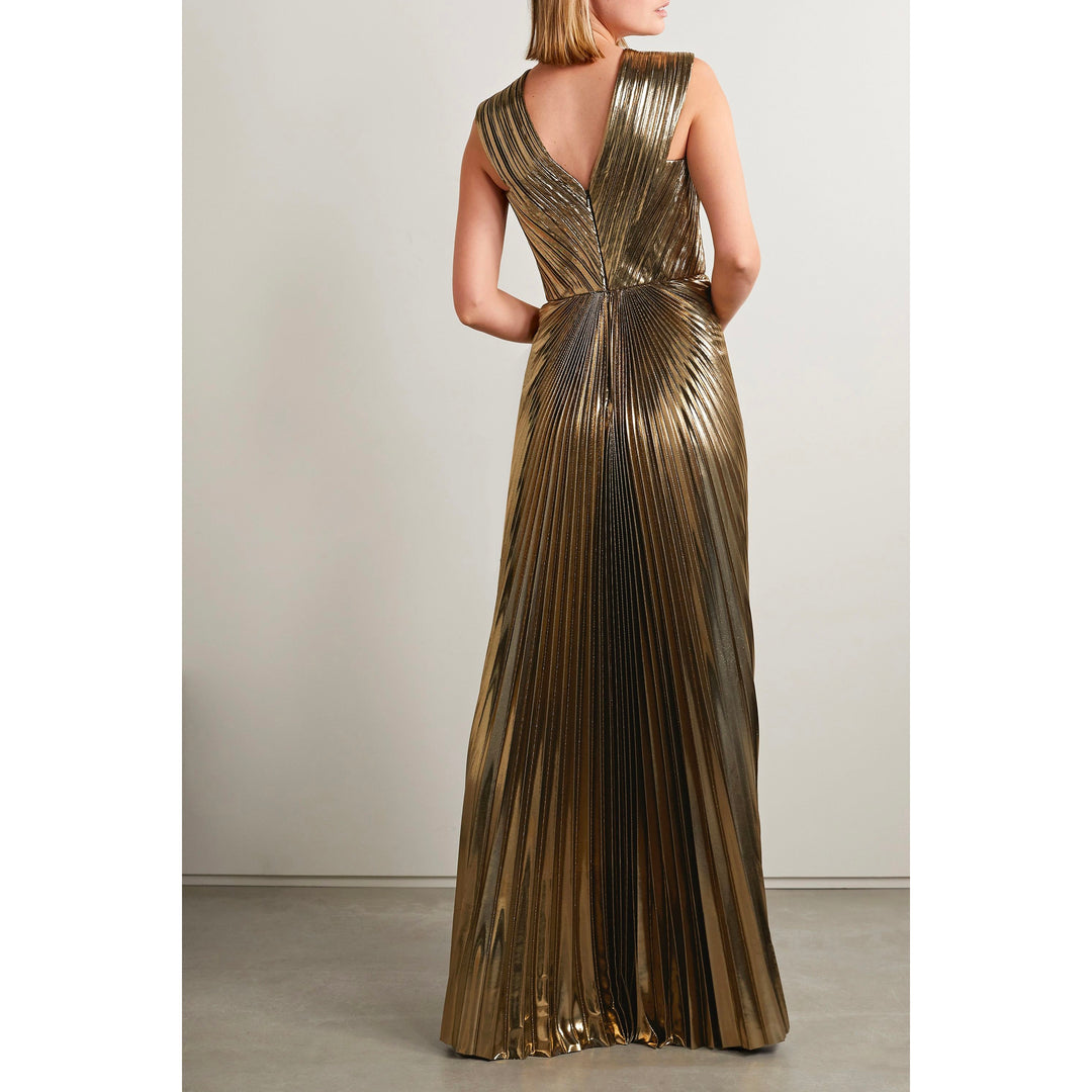 Model Wearing SemSem Gold Pleated Metallic Lamé Gown.